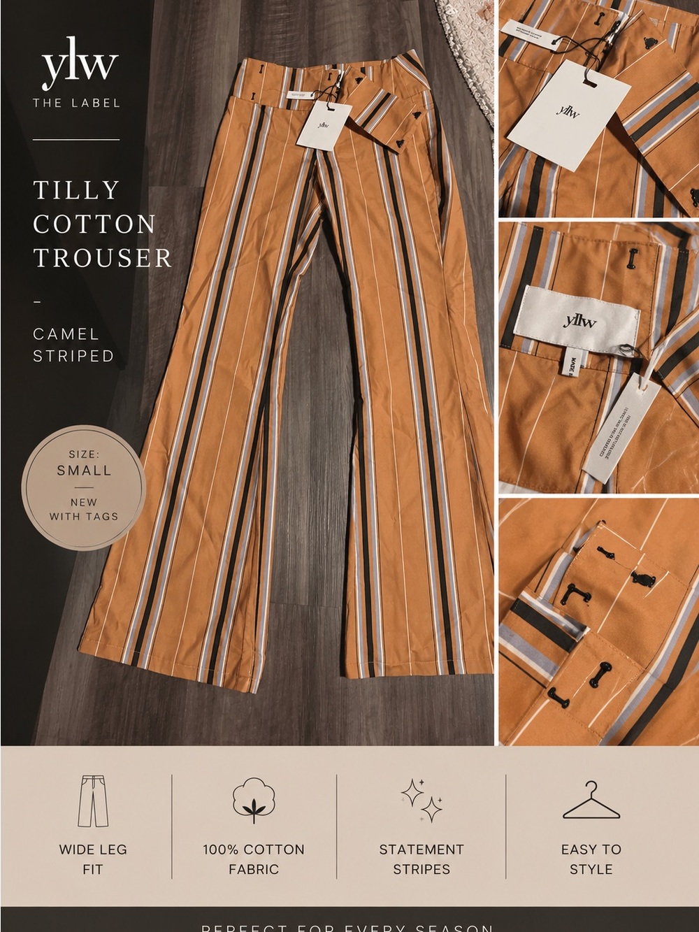 ylw Striped Wide-Leg Trousers — Camel & Navy